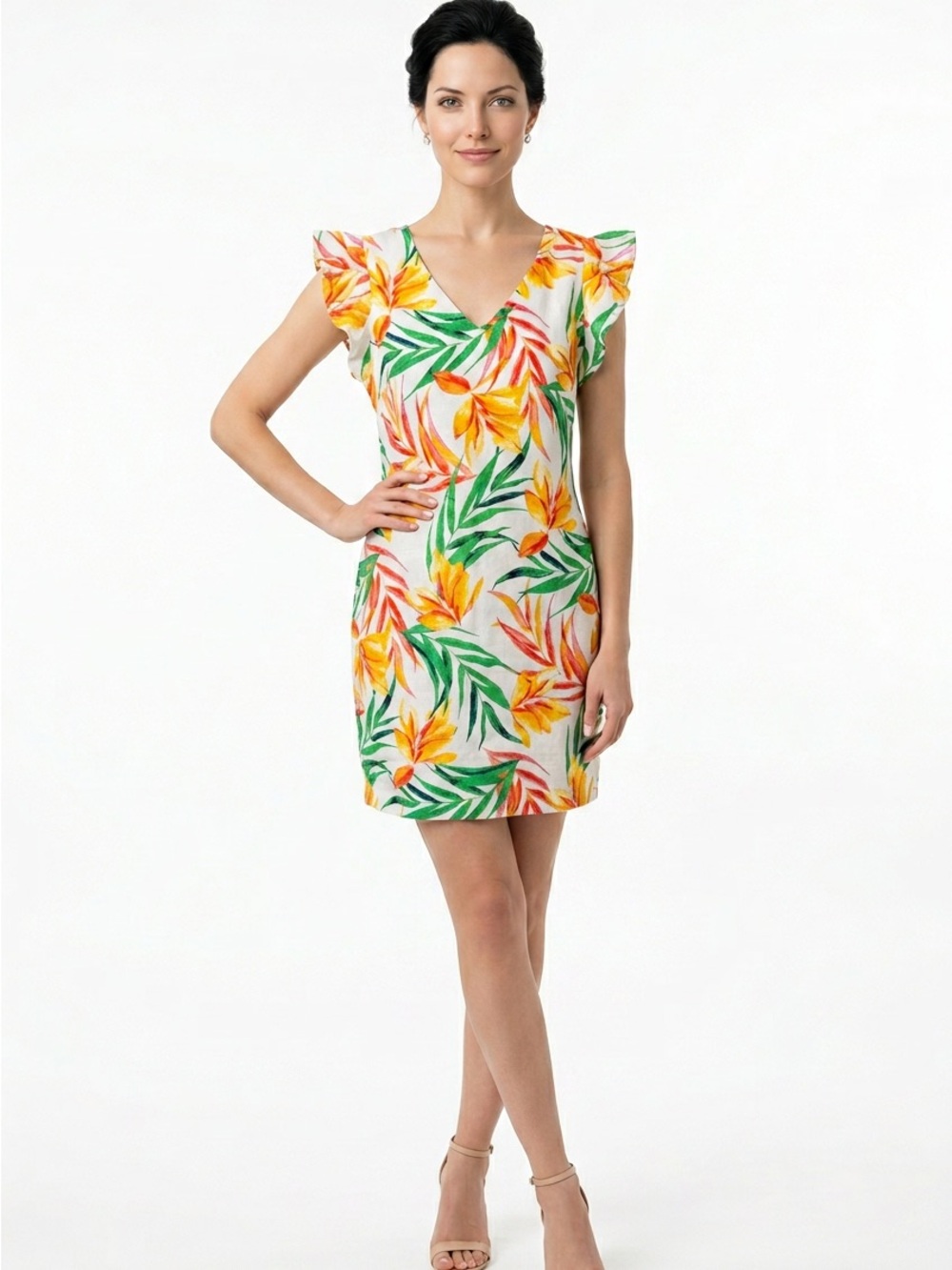 Nicole Miller Women’s XS Floral Tropical  Linen Mini Sheath Dress